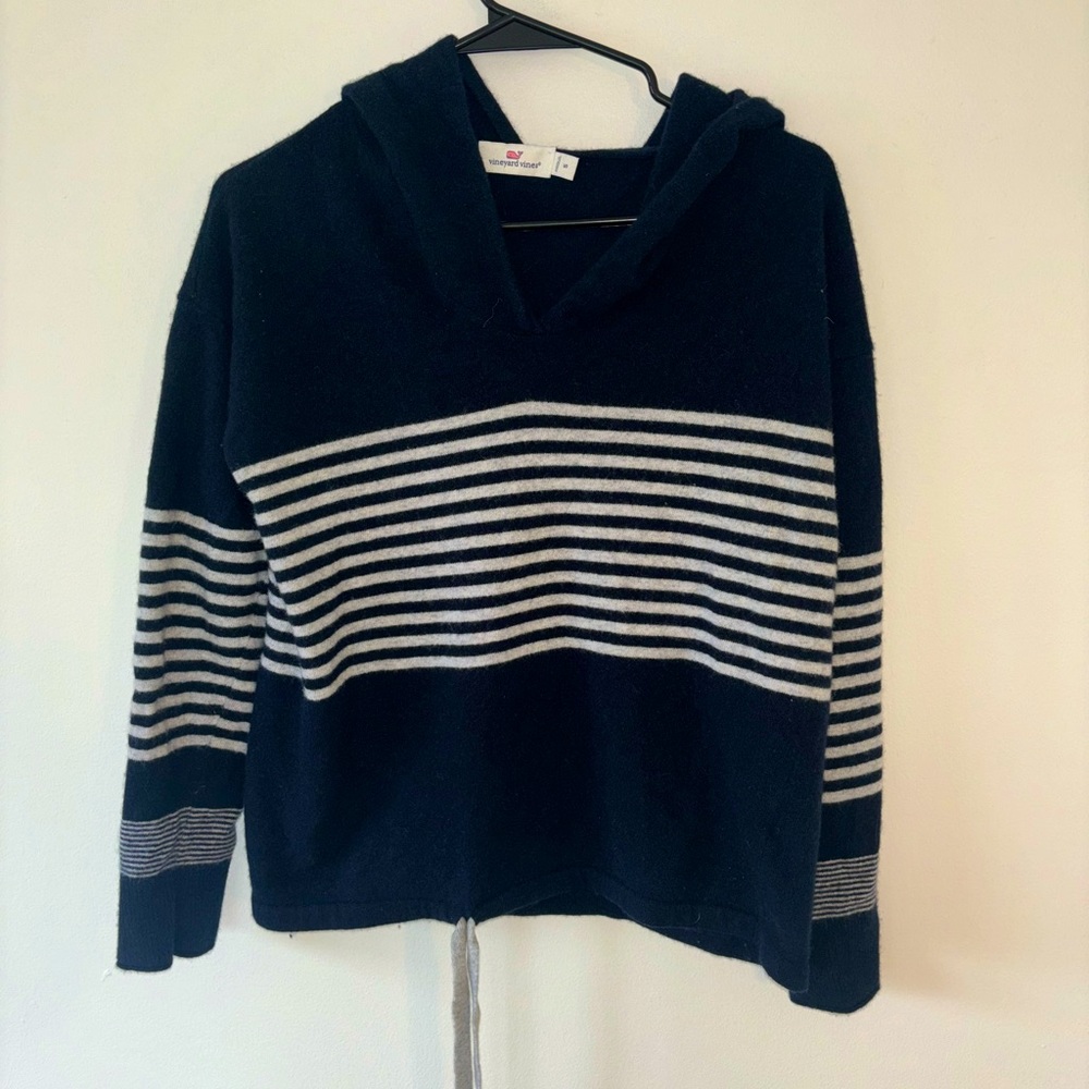 Vineyard Vines Navy Blue & White Stripe Hooded Wool Cashmere Sweater Size Small - Picture 2 of 12
